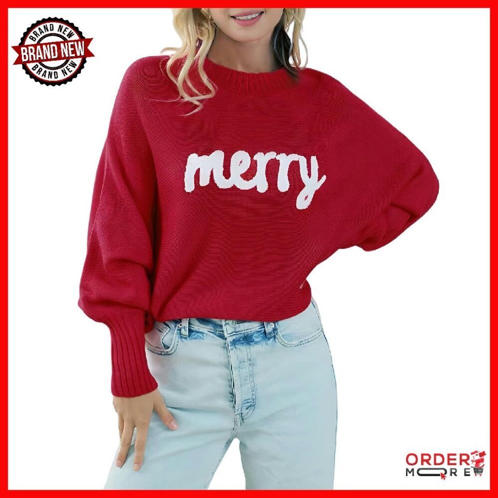 Merry Christmas Sweater Long Batwing Sleeve Knitted Pullover Holiday Top
